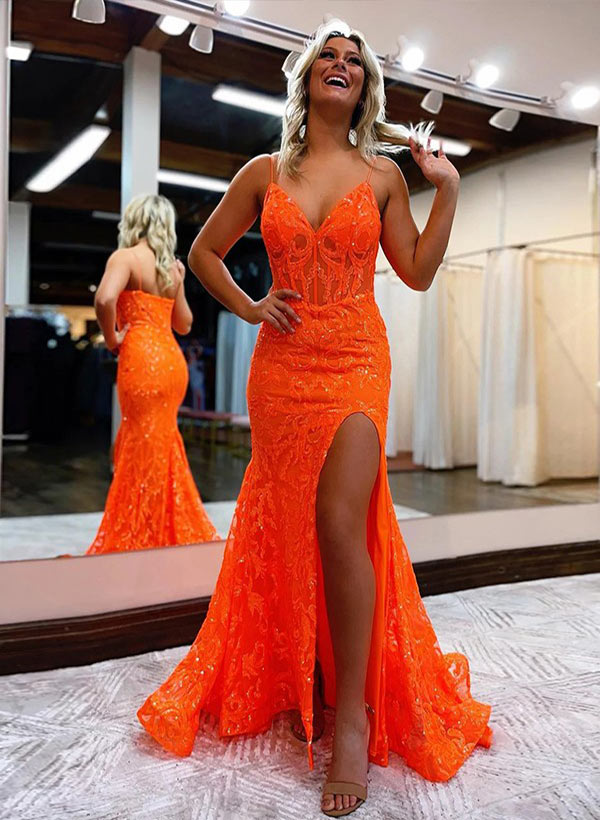 Elegant Lace Prom Dress with Split Front and Sheath/Column V-Neck Sweep Train-27dress