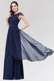 Elegant Lace Scoop Sleeveless Navy Bridesmaid Dress with Buttons-27dress