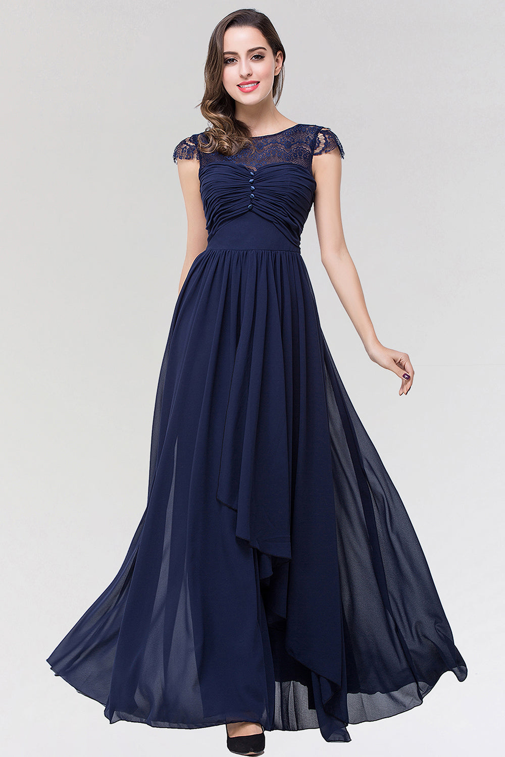 Elegant Lace Scoop Sleeveless Navy Bridesmaid Dress with Buttons-27dress