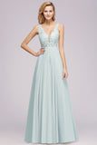 Elegant Lace V-Neck Chiffon Affordable Bridesmaid Dress with Beadings-27dress