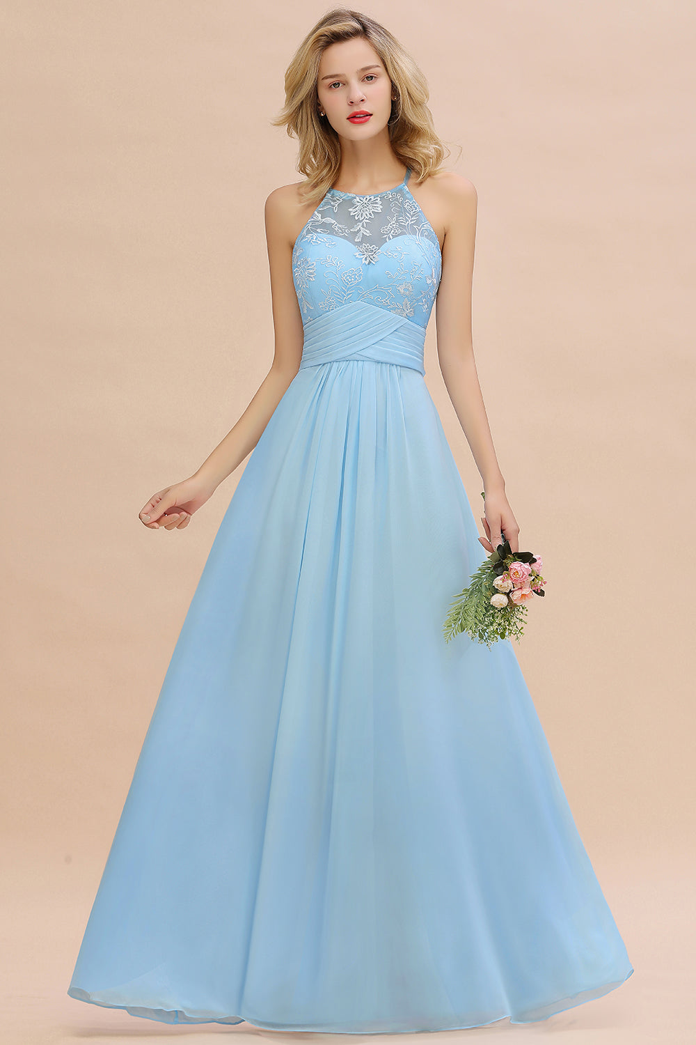 Elegant Long A-line Appliques Halter Chiffon Bridesmaid Dress Online-27Dress