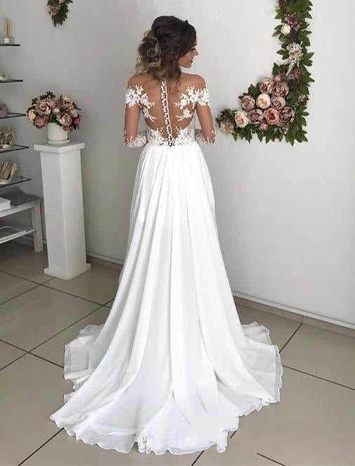 Elegant Long A-line Chiffon Lace Long Sleeves Wedding Dress with Slit-27Dress