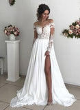 Elegant Long A-line Chiffon Lace Long Sleeves Wedding Dress with Slit-27Dress