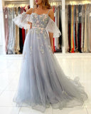 Elegant Long A-line Off the Shoulder Tulle Formal Prom Dress with Sleeves-27Dress