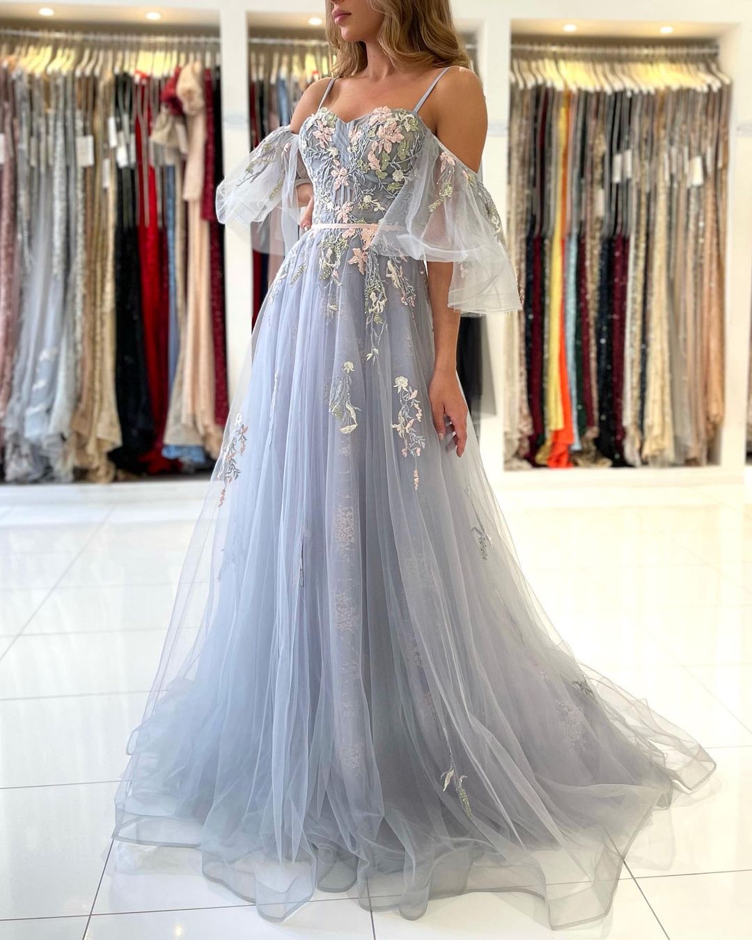 Elegant Long A-line Off the Shoulder Tulle Formal Prom Dress with Sleeves-27Dress