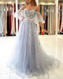 Elegant Long A-line Off the Shoulder Tulle Formal Prom Dress with Sleeves-27Dress