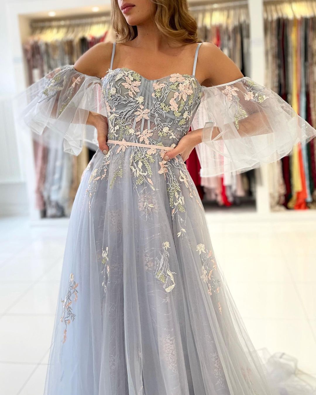 Elegant Long A-line Off the Shoulder Tulle Formal Prom Dress with Sleeves-27Dress