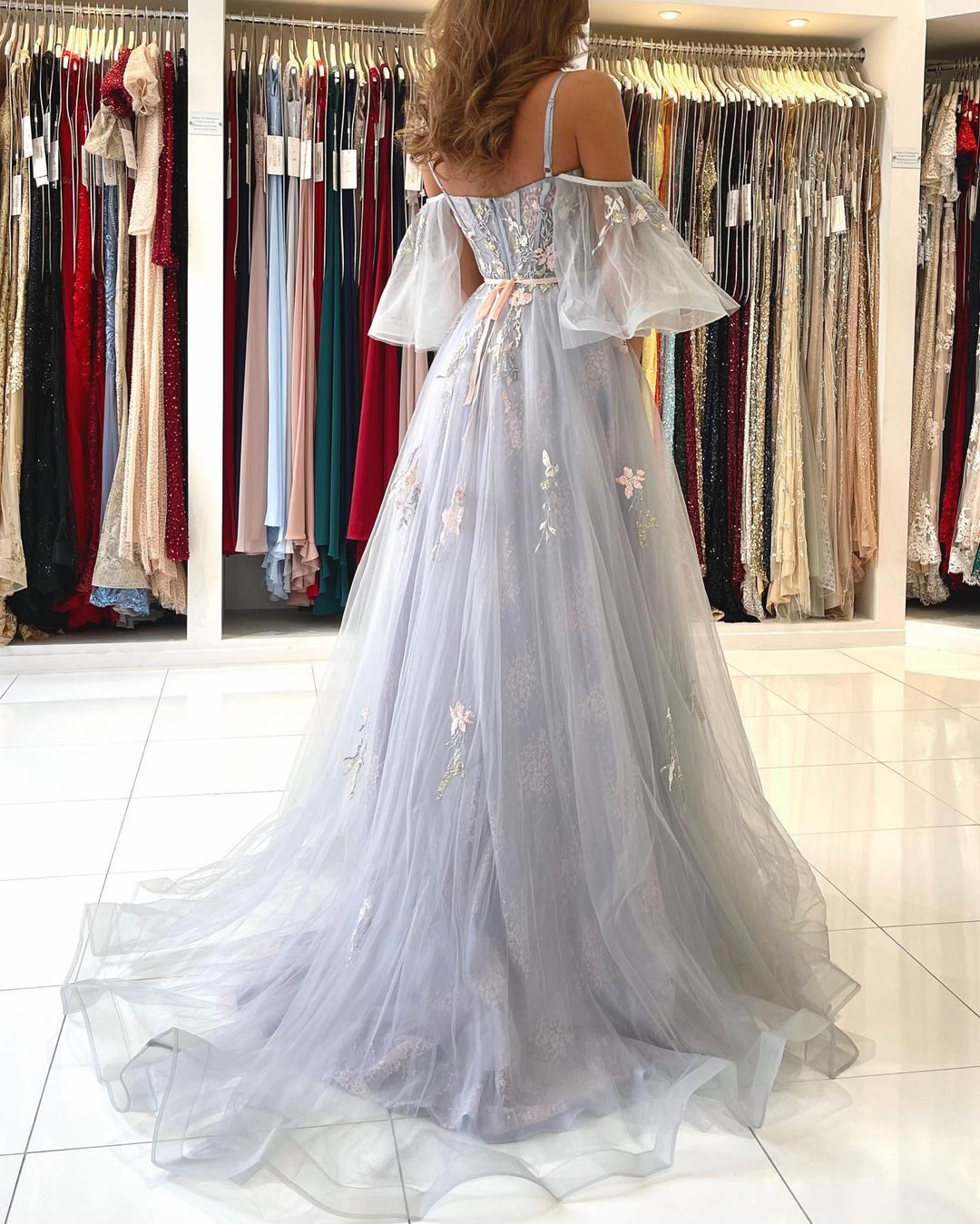 Elegant Long A-line Off the Shoulder Tulle Formal Prom Dress with Sleeves-27Dress