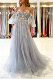 Elegant Long A-line Off the Shoulder Tulle Formal Prom Dress with Sleeves-27Dress