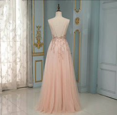 Elegant Long A-line V-neck Sequins Tulle Backless Prom Dress-27Dress