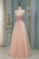 Elegant Long A-line V-neck Sequins Tulle Backless Prom Dress-27Dress