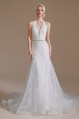 Elegant Long Mermaid Halter Tulle Floor-Length Wedding Dress with Appliques Lace-27dress