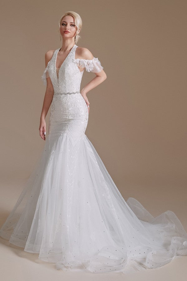 Elegant Long Mermaid Halter Tulle Floor-Length Wedding Dress with Appliques Lace-27dress