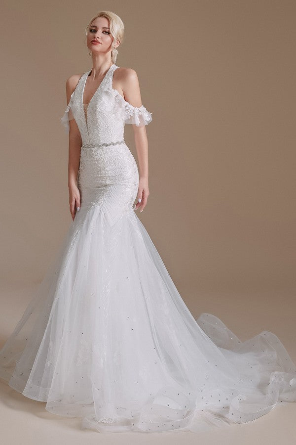 Elegant Long Mermaid Halter Tulle Floor-Length Wedding Dress with Appliques Lace-27dress