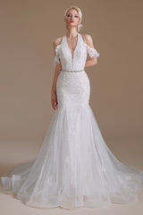 Elegant Long Mermaid Halter Tulle Floor-Length Wedding Dress with Appliques Lace-27dress