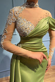 Elegant Long Mermaid High Neck Satin Lace Prom Dresses with Sleeves-27Dress