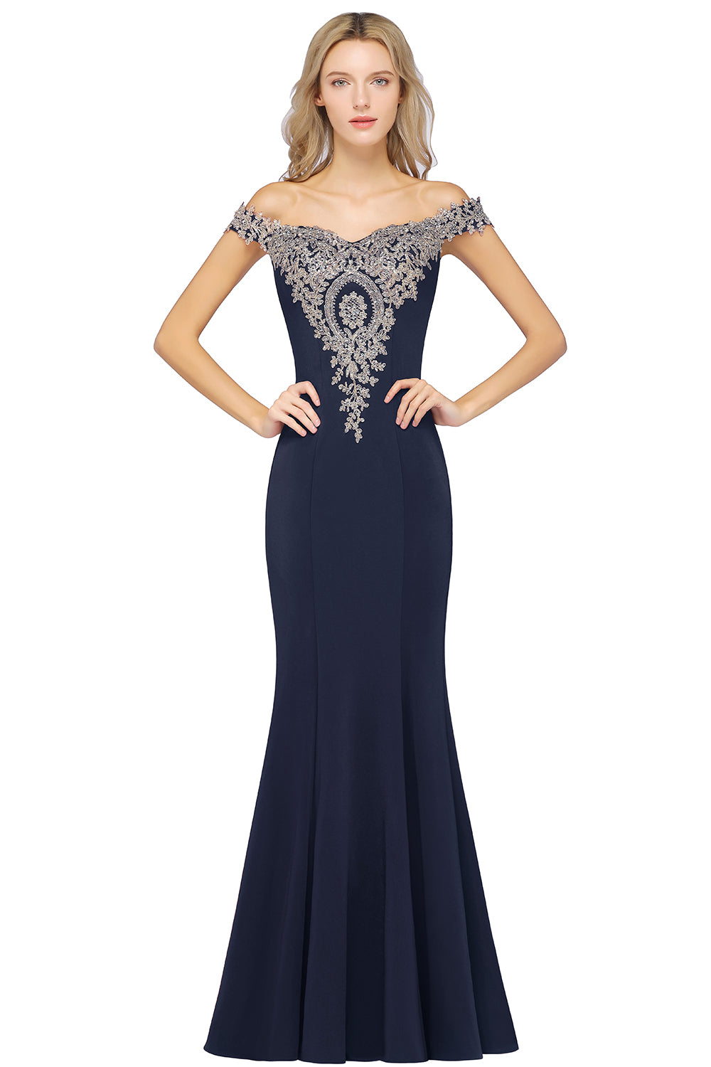 Long Off-the-Shoulder Floor Length Mermaid Evening Dress with Gold Appliques-27dress