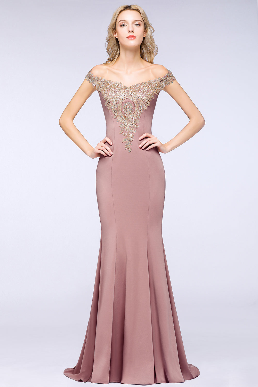 Long Off-the-Shoulder Floor Length Mermaid Evening Dress with Gold Appliques-27dress