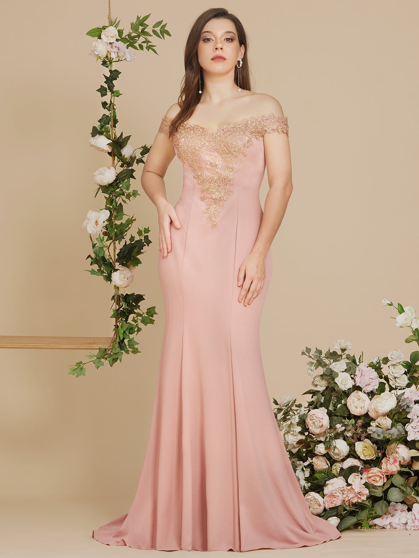 Long Off-the-Shoulder Floor Length Mermaid Evening Dress with Gold Appliques-27dress