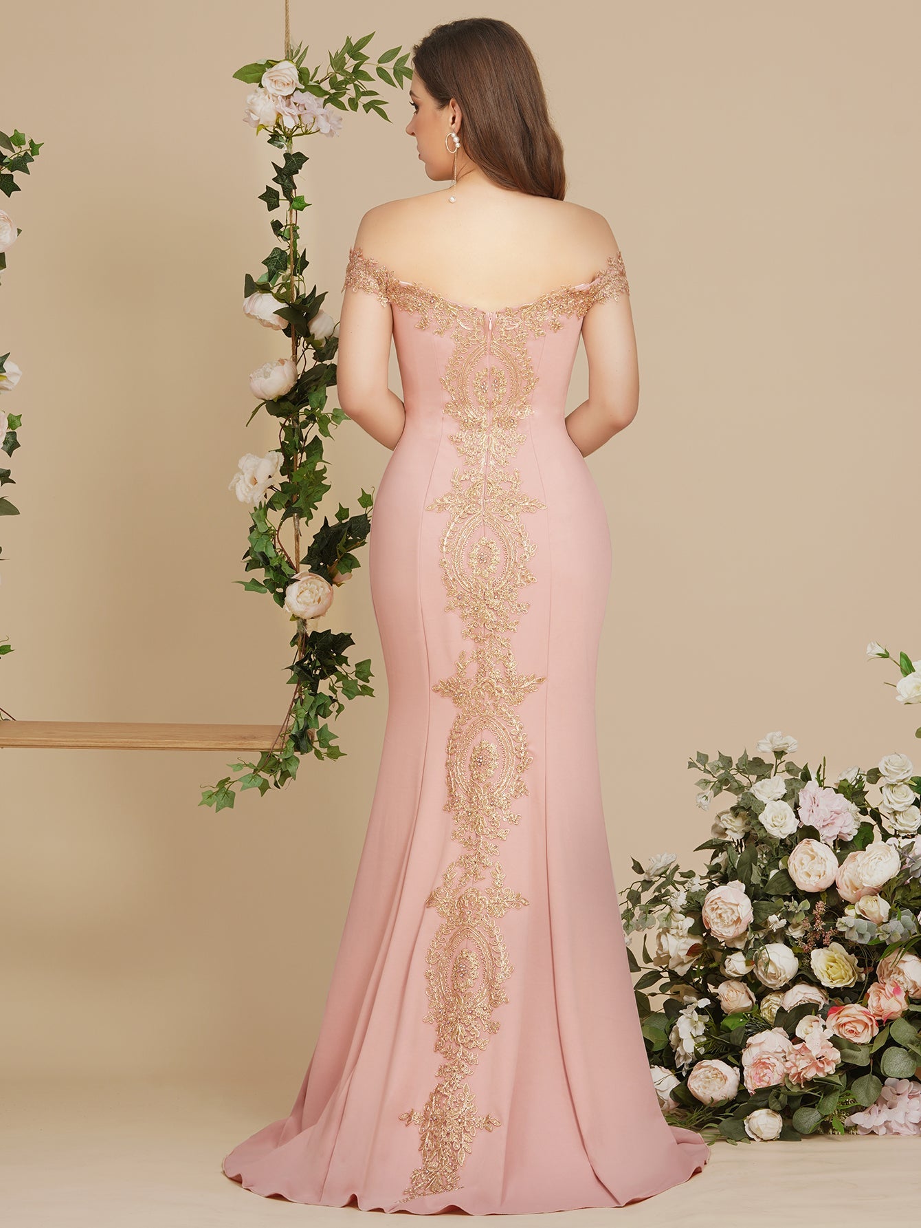 Long Off-the-Shoulder Floor Length Mermaid Evening Dress with Gold Appliques-27dress