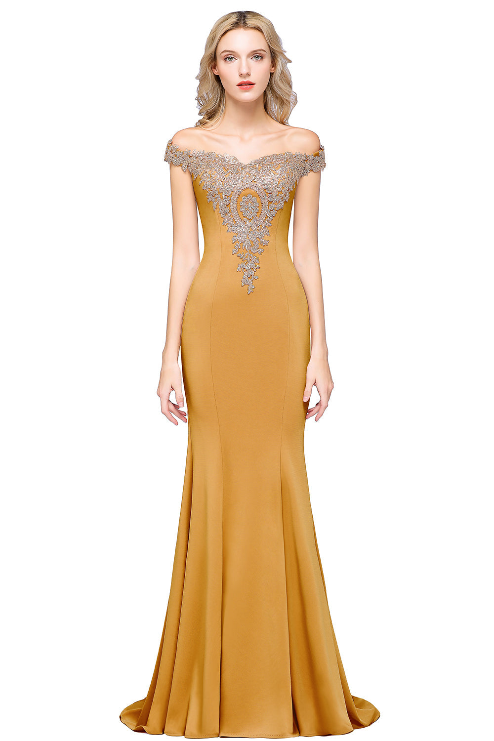 Long Off-the-Shoulder Floor Length Mermaid Evening Dress with Gold Appliques-27dress