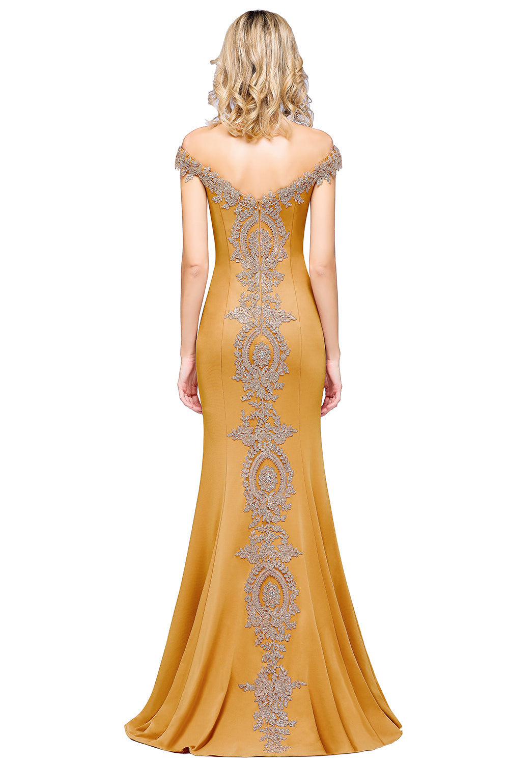 Long Off-the-Shoulder Floor Length Mermaid Evening Dress with Gold Appliques-27dress