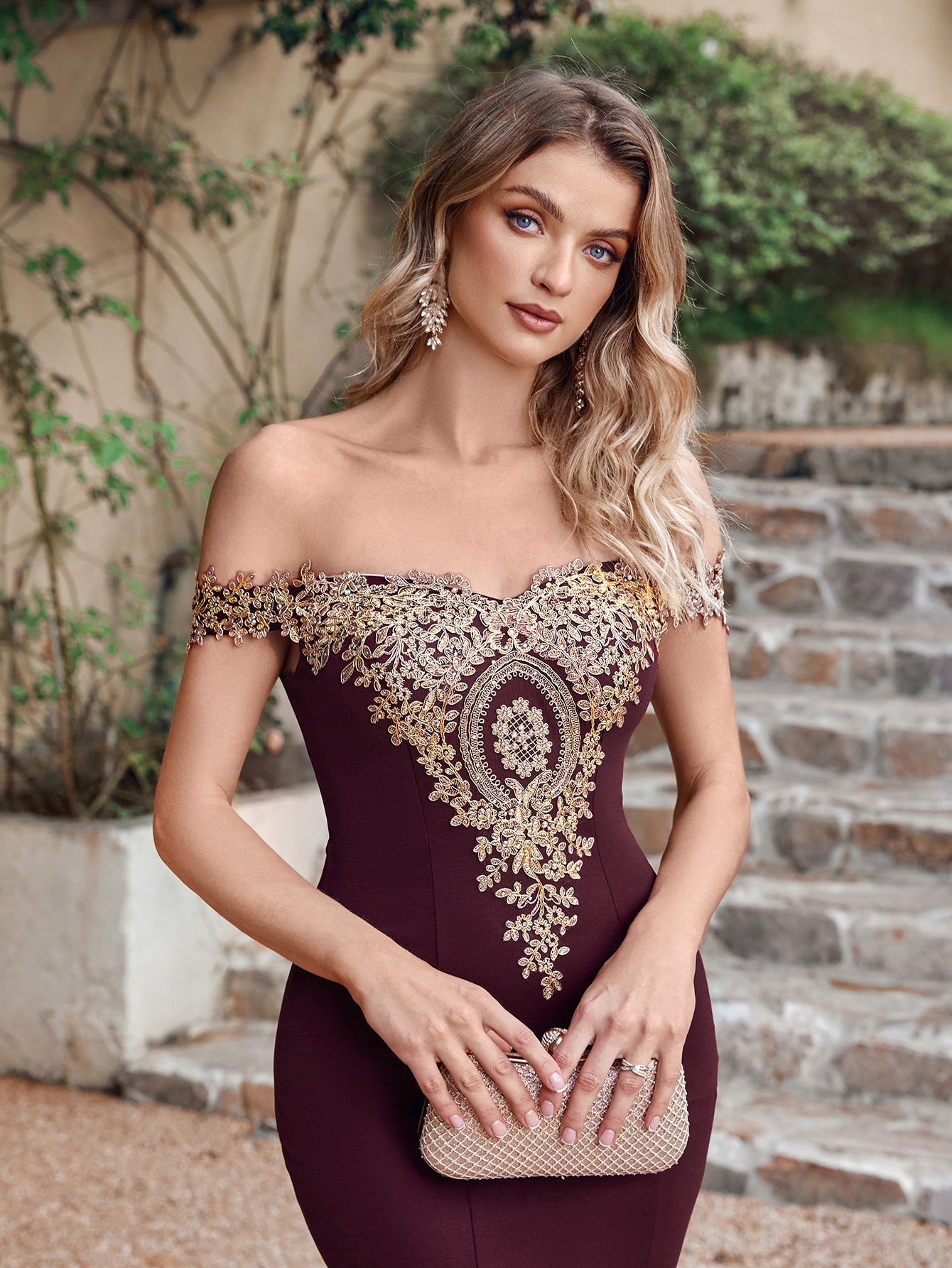 Long Off-the-Shoulder Floor Length Mermaid Evening Dress with Gold Appliques-27dress