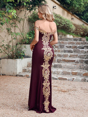 Long Off-the-Shoulder Floor Length Mermaid Evening Dress with Gold Appliques-27dress