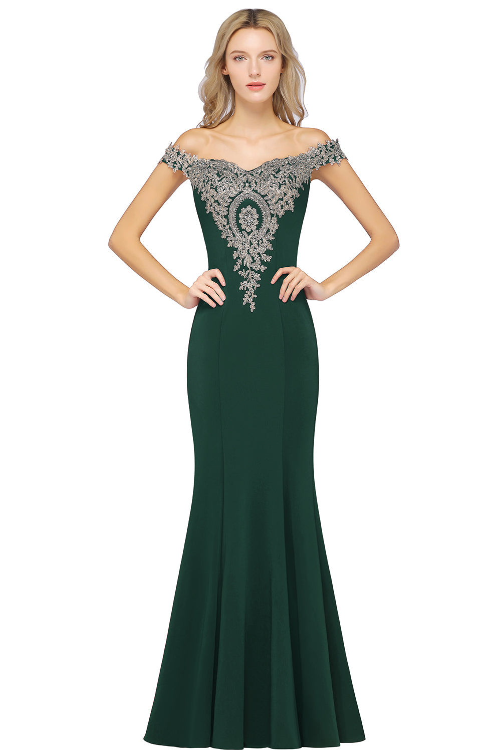 Long Off-the-Shoulder Floor Length Mermaid Evening Dress with Gold Appliques-27dress