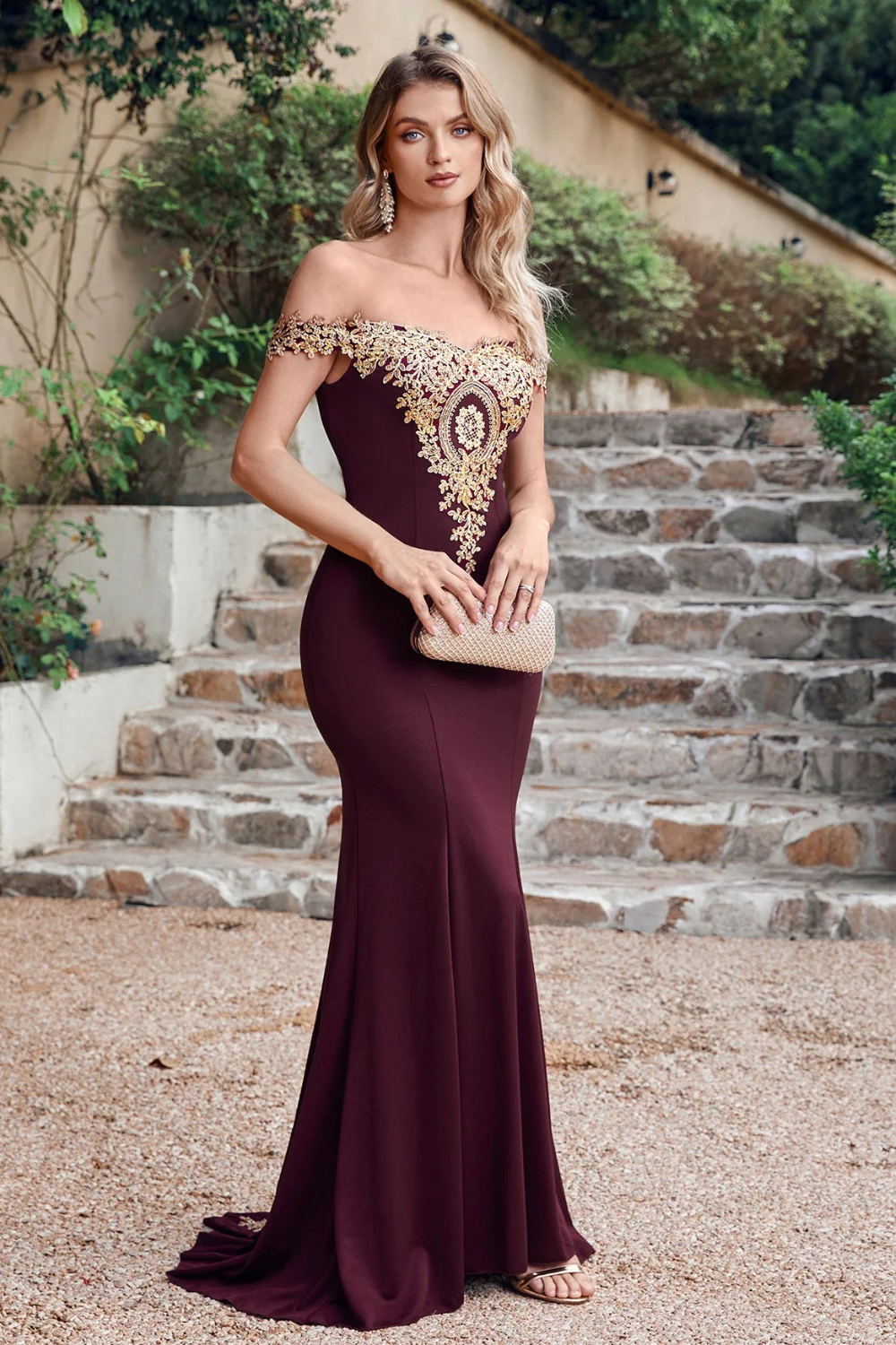 Long Off-the-Shoulder Floor Length Mermaid Evening Dress with Gold Appliques-27dress