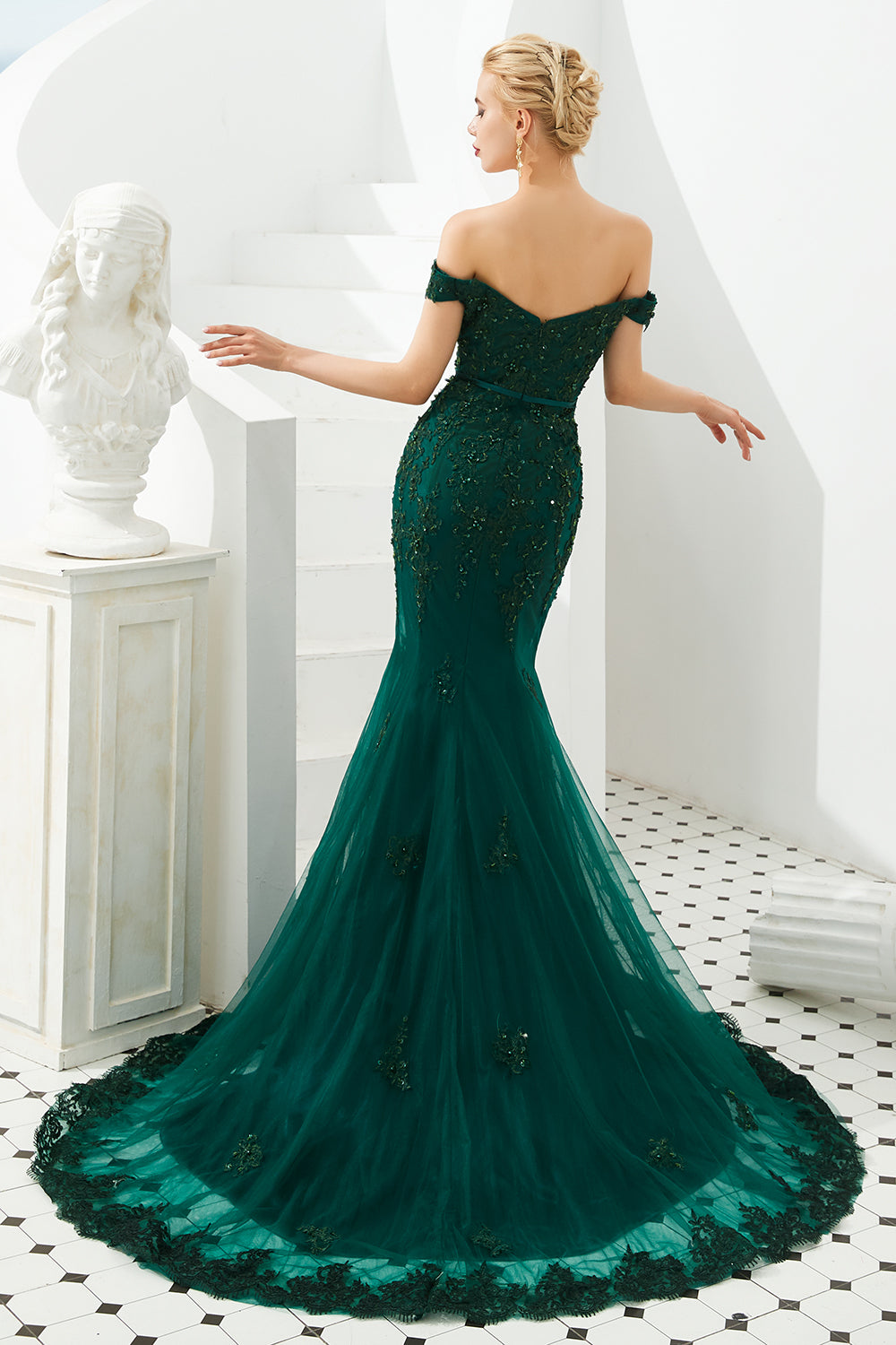 Elegant Long Mermaid Off-the-shoulder Tulle Lace Prom Dress-27dress