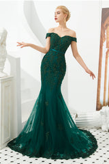 Elegant Long Mermaid Off-the-shoulder Tulle Lace Prom Dress-27dress