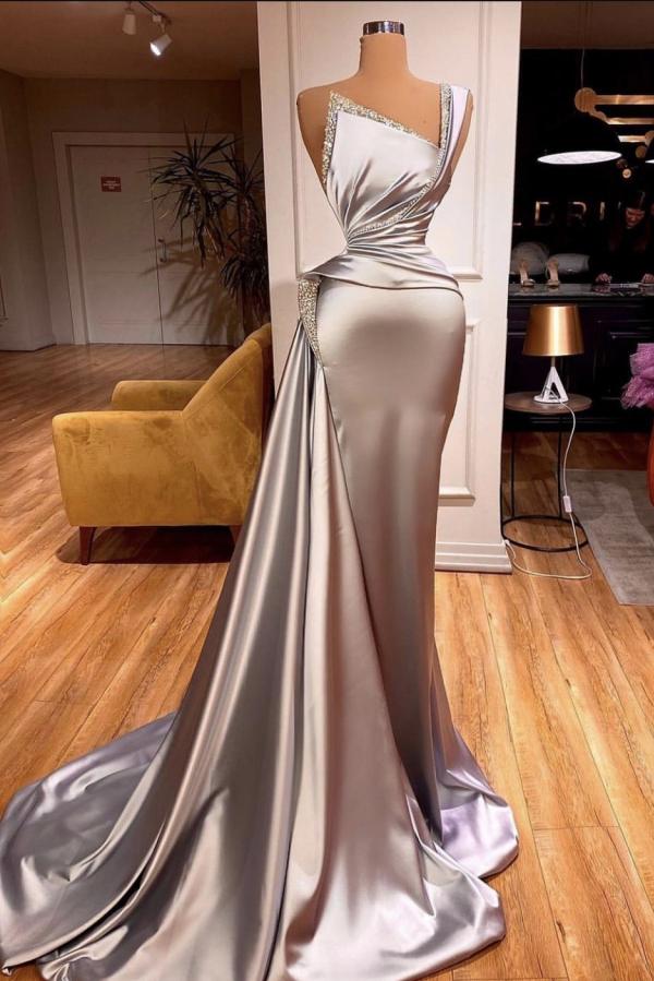 Elegant Long Mermaid One Shoulder Sleeveless Satin Prom Dress-27Dress