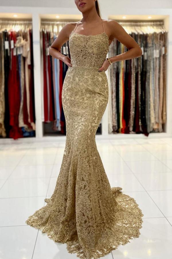 Elegant Long Mermaid Spaghetti Straps Backless Appliques Lace Prom Dress-27Dress