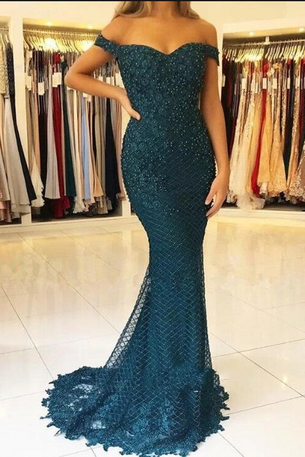 Elegant Long Mermaid Sweetheart Off-the-shoulder Tulle Prom Dress-27Dress