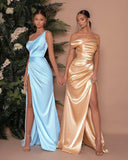 Elegant Long One Shoulder Satin Mermaid Prom Dress with Slit-27Dress