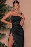 Elegant Long One Shoulder Satin Mermaid Prom Dress with Slit-27Dress