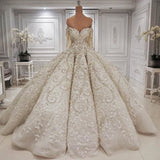 Elegant Longsleeves Sweetheart Ivory Wedding Dresses A-line Tulle Ruffles Bridal Gowns With Appliques Online-27dress