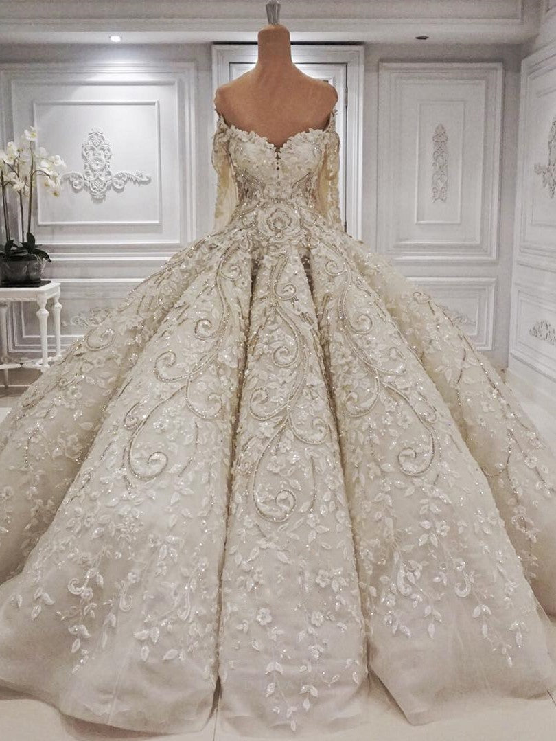 Elegant Longsleeves Sweetheart Ivory Wedding Dresses A-line Tulle Ruffles Bridal Gowns With Appliques Online-27dress