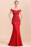 Elegant Mermaid Off the Shoulder Red Lace Appliques Bridesmaid dresses-27dress