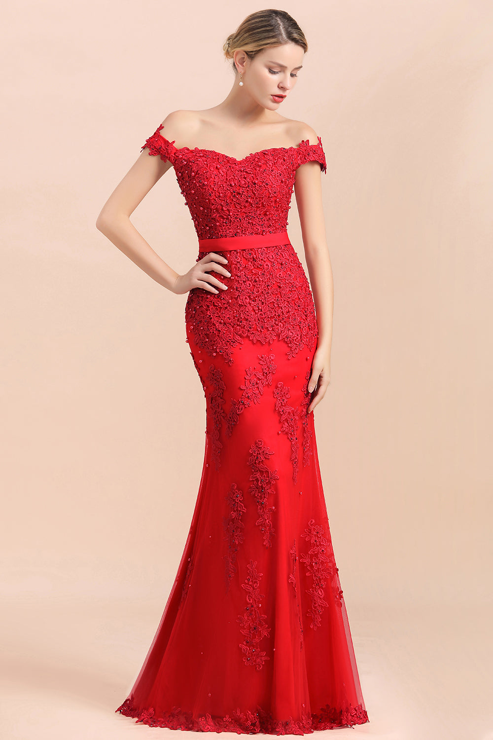 Elegant Mermaid Off the Shoulder Red Lace Appliques Bridesmaid dresses-27dress