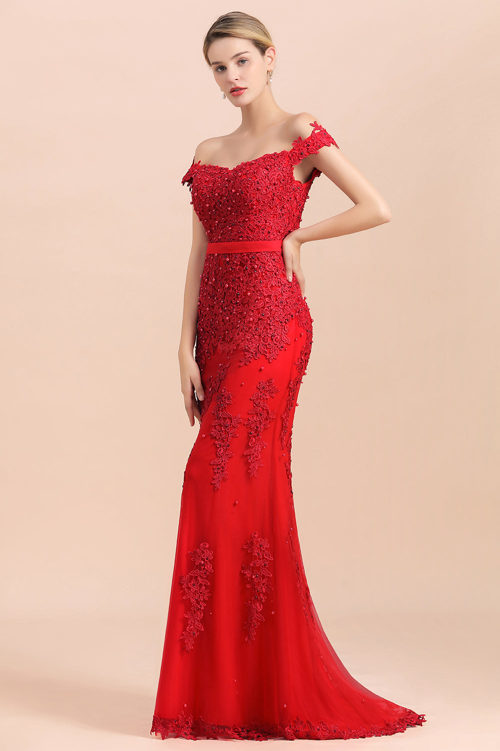 Elegant Mermaid Off the Shoulder Red Lace Appliques Bridesmaid dresses-27dress