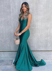 Elegant Mermaid V Neck Backless Sleeveless Prom Dress with Sweep Train-27dress