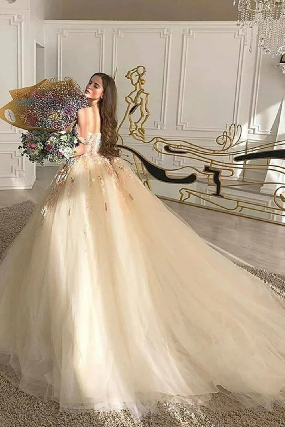 Elegant Off-the-Shoulder Ball Gown V-neck Long Wedding Dress With Flowers-27dress