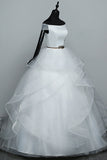 Elegant Off-the-Shoulder Organza Wedding Dress Sleeveless Ruffles Bridal Gowns with Beading Sash-27dress