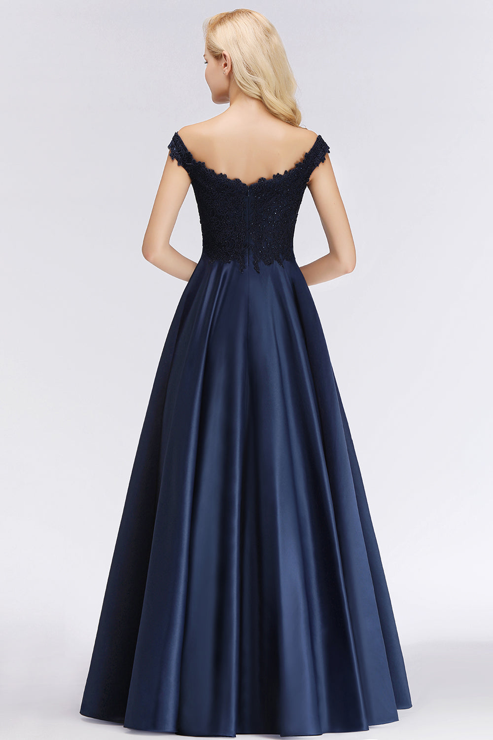 Elegant Off-the-Shoulder Ruffle Navy Lace Bridesmaid Dresses with Beads-27dress