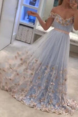 Elegant Off the Shoulder Sky Blue Long Prom Dress with Appliques