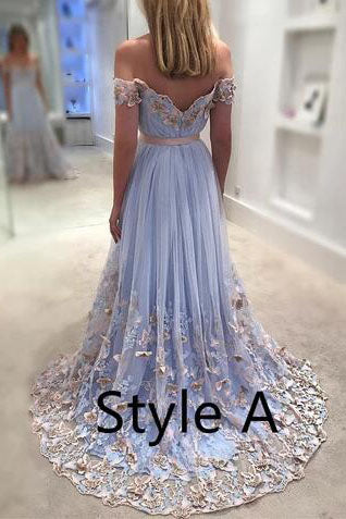 Elegant Off the Shoulder Sky Blue Long Prom Dress with Appliques