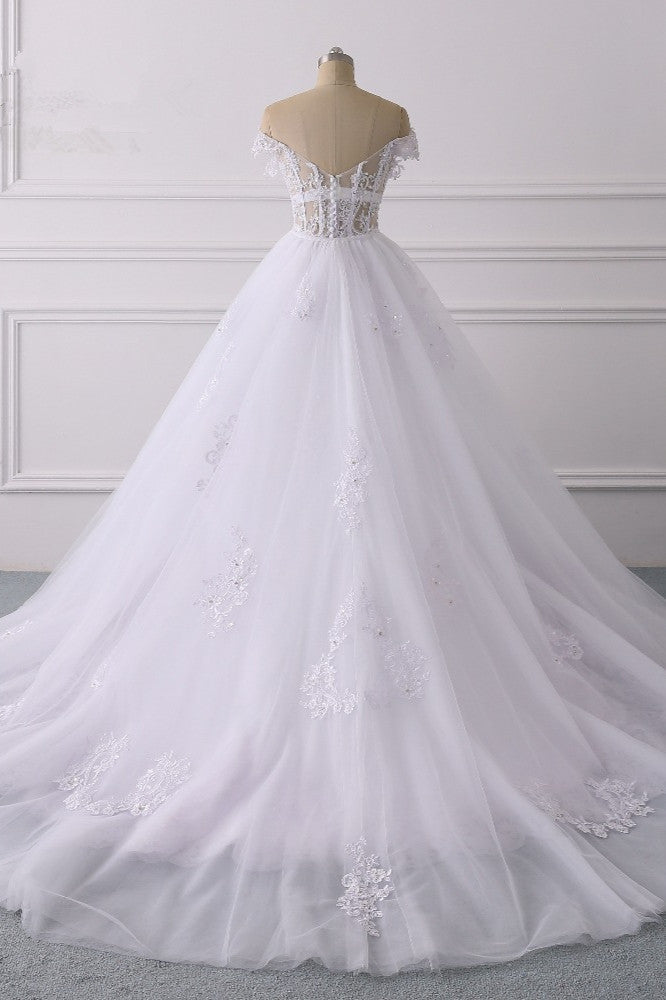 Elegant Off-the-Shoulder Tulle Lace Wedding Dress Sweetheart Appliques Beadings Sleeveless Bridal Gowns On Sale-27dress