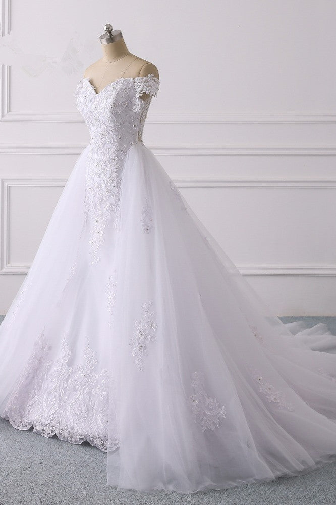 Elegant Off-the-Shoulder Tulle Lace Wedding Dress Sweetheart Appliques Beadings Sleeveless Bridal Gowns On Sale-27dress